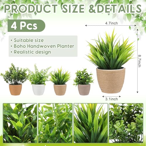 Suncalla 4 Pcs Boho Woven Artificial Plants, 8.7" Small Faux Eucalyptus in Woven Planters, Waterproof Fake Potted Greenery for Farmhouse Bathroom Home Office Shelf Decor