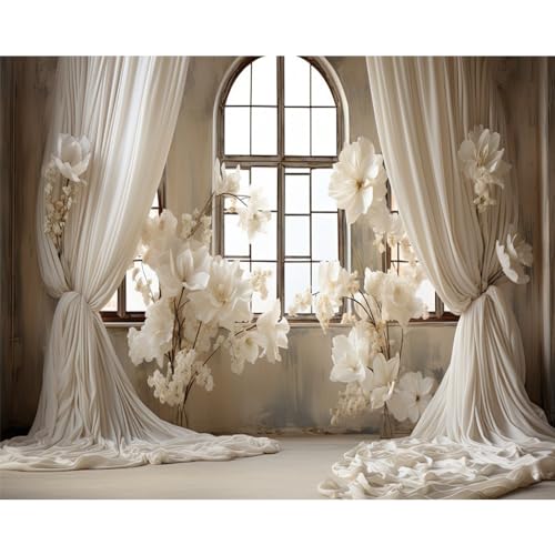 10x8ft Wedding Party Decorations Banner Backdrop Wedding Reception Photography Backdrop White Floral Flowers Curtains French Frame Photo Backgrounds Baby Shower Photo Shoot Portraits Props - size: 10x8ft