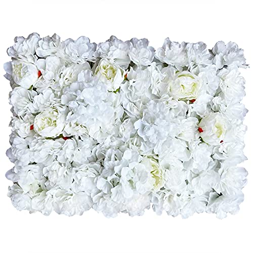 OUKANING 6 PCS Artificial Flower Wall Panels 3D Flower Wall Panel for Wall Backdrop 16" x 24" Faux Flower Wall Mat Silk Hydrangea Rose Floral Panel - color: White+Light Yellow