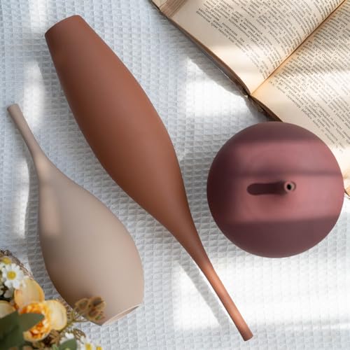 Relexome Ceramic Modern Vase Set of 3 Farmhouse Decorative Vase Minimalist Aesthetic Vases for Centerpieces Matte Ribbed Vases for Home Decor Table Entryway Living Room (Brown+Khaki+ Dark Red) - color: Multicolor