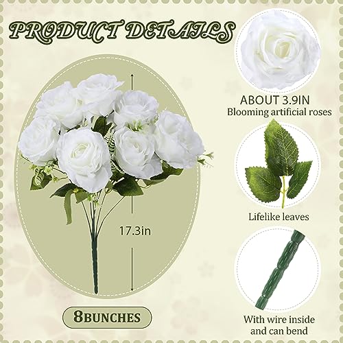 Zeyune White Artificial Wedding Roses Bulk, 8 Bouquets (56 Heads) Silk Bridal Bouquet Flowers for DIY Wedding Centerpieces Bridesmaid Decor, 17.3 Inch