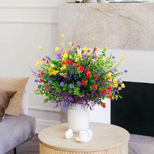12 Bundles 6 Styles Artificial Flowers for Outdoors, Fake Grass with Plastic Flowers UV Resistant Faux Shrubs Greenery for Spring Summer Garden Patio Window Box (Camellia Lavender Eucalyptus) - color: Red&yellow&purple, size: 12PCS