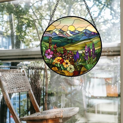 Stained Glass Window Hanging Purple Wildflowers Pastoral Scenery 6.3" - Suncatcher Door Garden Sun Catcher Home Decor Birthday Christmas for Mom Men Woman Friend - color: Yellow Purple, size: 6.3x6.3 IN