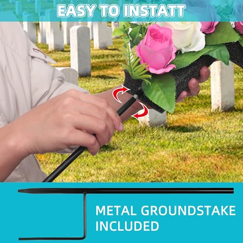 Artificial Cemetery Flowers,Set of 2 Faux Floral Cross,Artificial Rose Bouquet Decoration for Cemetery Headstones Gravesites,Silk Flowers for Long-Lasting Remembrance (Pink) - color: Pink