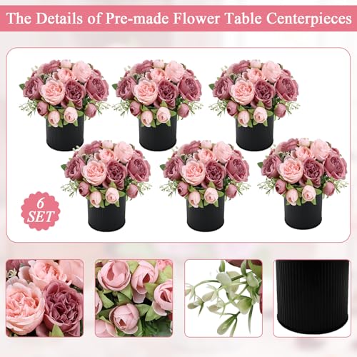 Pre-Made Flower Table Centerpieces, Set of 6 Artificial Silk Peonies with Black Vase for Wedding Reception, Modern Floral Decor for Birthday Party, Anniversary Ceremony - Vintage & Pastel Pink - color: Vintage Pink & Pastel Pink
