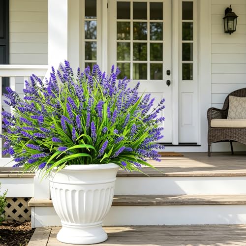 Faux Flowers for Outdoor Planters – 20 Bundles Fake Plants Outdoor, UV Resistant Artificial Plants & Flowers with Fake Monkey Grass, Faux Outdoor Plants for Porch Patio Garden Decor - color: Purple