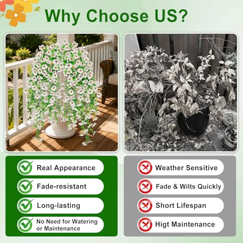 Artificial Hanging Flowers for Outdoors Decorations 2 Pack, Fake Hanging Flowers, UV Resistant Artificial Hanging Plants Outdoors for Home Porch Patio Balcony Baskets Yard(White) - color: White
