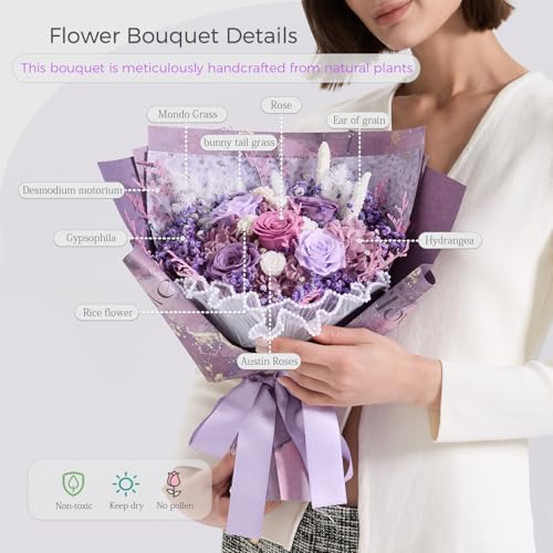 large Preserved flowers Bouquet with Real Roses,Long Lasting flower for delivery prime,Birthday for Women,Wedding,Mother’s Day,Valentine’s Day,Anniversary,Wife,Girlfriend,Christmas Gifts(Purple) - color: Purple