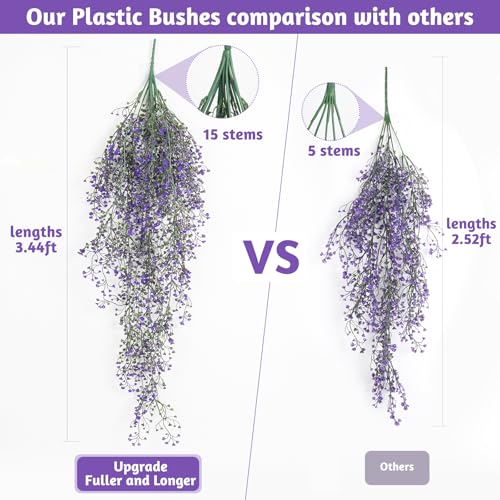 RECUTMS Artificial Vine Plants 2 Pack Fake Hanging Flower Plants Faux Ivy Vine Leaves Plastic Baby Breath Greenery UV Resistant for Home Bedroom Wall Porch Garden Wedding Decor (Purple) - color: Purple-2pcs