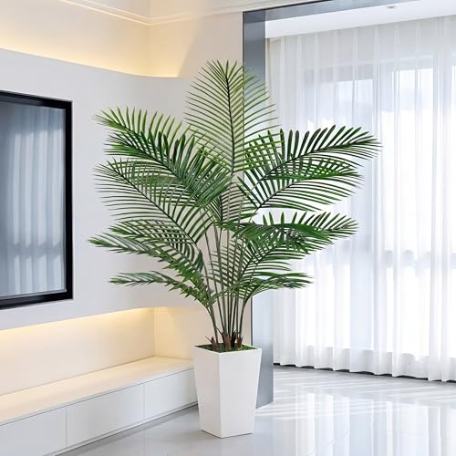 6FT Artificial Palm Tree, Palm Tree 72in Tall Faux with 15.7 White Planter, Fake Potted Tree with Lifelike Leaves for Indoor & Outdoor Home Office Decor