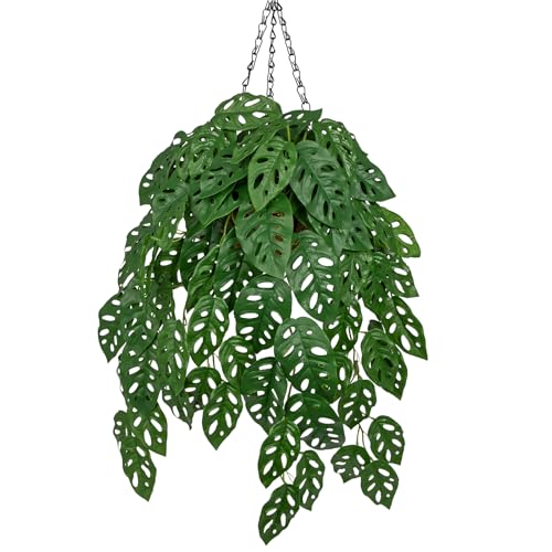 Fake Hanging Plant Monstera Leaves with Basket - 23.6" Artificial Hanging Plants Long Faux Monstera Albo Vines Plants Fake Plant Vines Ivy Greenery Plant for Outdoor Garden Yard Indoor Home Decor - color: Porous Turtle Back Leaves