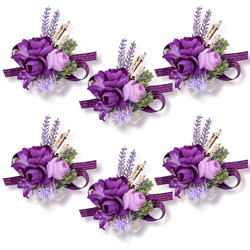 Lavender Purple Wrist Corsages, Set of 6, Wrist Corsage for Wedding Mother of Bride and Groom, Artificial Silk Rose Prom Flowers, Wedding Hand Flower Decor - color: Purple1# Wrist Corsage ( Set of 6)