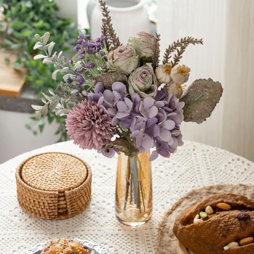 13-inch Small Artificial Fake Flowers for Table Arrangements, Silk Faux Bouquets with Three Roasted Edge Roses, Hydrangeas, Globeflower, babysbreaths, Ideal for the Kitchen or Bedroom. - color: Lavender