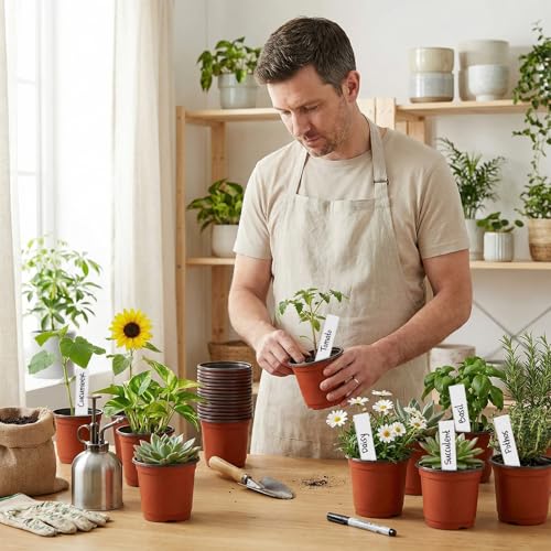 STARSIDE 100 Pack 4 Inch Nursery Pots, Durable Plastic Plant Pots for Seedlings, Seed Starter Pots with Drainage Holes, Come with 100 Plant Labels for Vegetables, Flowers, and Succulent Cuttings