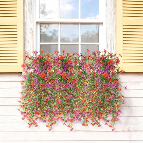 ZFProcess Artificial Hanging Flowers for Outdoors, 2 Pcs Fake Hanging Plant Spring Summer Decor, UV Resistant No Fade Realistic Faux Flower for Front Door Porch Planter Patio Garden Yard(Red Purple) - color: Red Purple