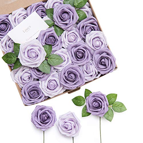 Ling's moment Artificial Roses, Dusty Violet & Pale Lavender, 3 Inch 25 Pcs | Foam Material, With Stems, DIY Floral, Wedding Bouquet/Centerpieces, Party/Room/Garden Decor - color: Pr- Dusty Violet & Pale Lavender, size: 25Pcs