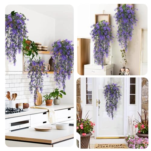 RECUTMS Artificial Hanging Plants 4 Pcs Ferns Plants Large Faux Artificial Hanging Plants Wall Plants Fake Ivy Room Decor Home Garden Wedding Party Indoor Outdoor Decorations(Purple) - color: Style1-purple