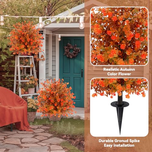 ENVEN Artificial Topiary Ball Trees with Ground Spikes UV Resistant Faux Greenery Shrubs Fake Shrubs for Outdoors, Realistic Faux Plants Bushes for Garden Porch Yard Patio Decor (Orange Eucalypt) - color: Orange Eucalypt