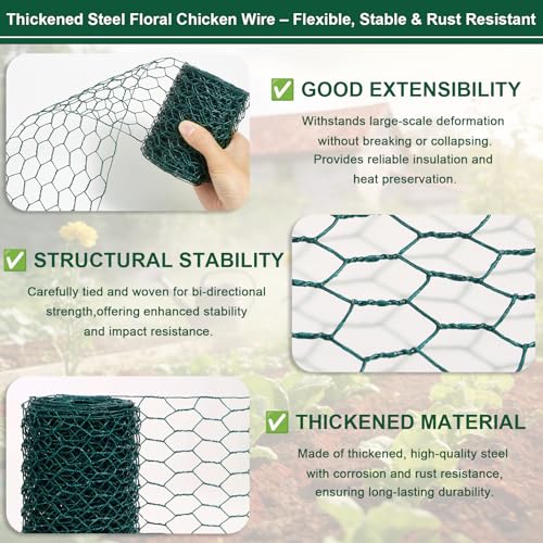 Floral Chicken Mesh for Craft, 4 x 236 Inch Galvanized Hexagonal Netting Roll, Lightweight Garden Poultry Fence for Coop & Rabbit, Metal Mesh Kit with Gloves, Ties and Plier - size: 4 x 236 Inch