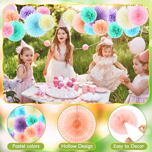 Kosiz 18 Pcs Pastel Rainbow Party Decorations Pastel Paper Fans 3D Floral Tissue Pom Poms Pink Hanging Paper Flowers Garland Classroom Home Wall Decor Birthday Baby Shower Bridal Wedding Supplies - color: Multicolor