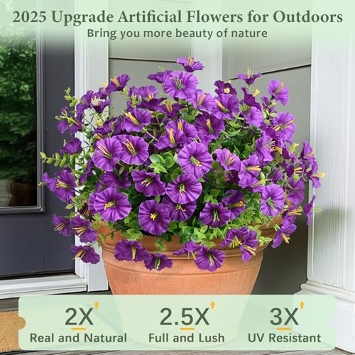 MARTINE MALL 24 Bundles Look Real Artificial Flowers for Outdoors, Realistic Fake Outdoor Flowers, UV Resistant Silk Petunia Flowers for Outside Faux Flowers Plants for Outdoor Porch, Purple - color: Purple, size: 24 Bundles