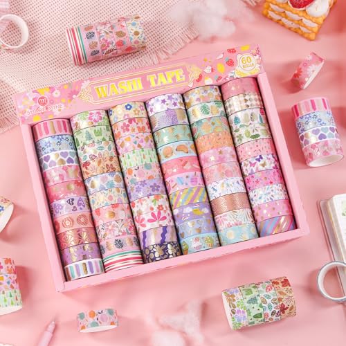 60 Rolls Washi Tape Set, 15 mm Gold Foil Cute Pattern Floral Decorative for Journaling Supplies