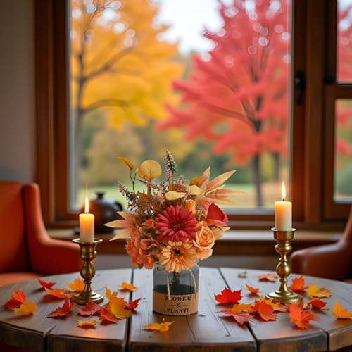 LADADA Vintage Burnt Orange Artificial Flowers with Glass Vase for Fall Home Decor - color: Yellow