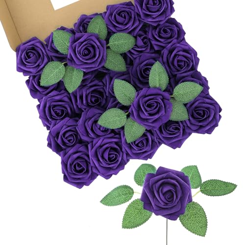 DuHouse 25Pcs Artificial Roses Flowers Fake Roses with Stems Real Touch Foam Flowers for DIY Wedding Bouquet Centerpiece Floral Arrangement Party Home Decor (Dark Purple) - color: Dark Purple, size: 25pcs