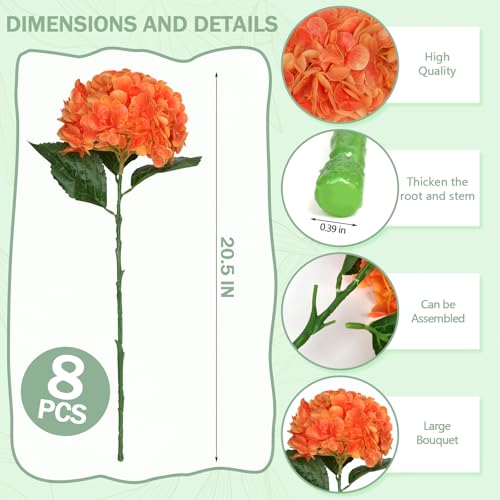 8 Pcs Hydrangea Artificial Flowers 21" Orange Silk Fake Flowers Bouquet with Stems Faux Latex Floral Bulk Bouquet for Home Wedding Arrangement Party Baby Shower Table Centerpieces Decoration - color: Orange