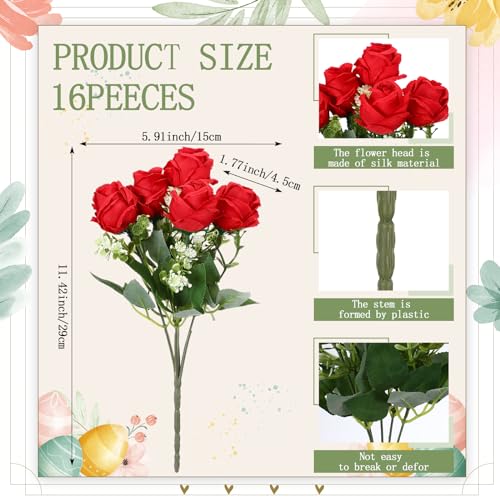 Jexine 16 Pack Artificial Roses Flower Bouquets Silk Fake Cream Flowers Bulk for Bridesmaid Bridal Wedding Party Decor, Home Vase Floral(Red) - color: Red