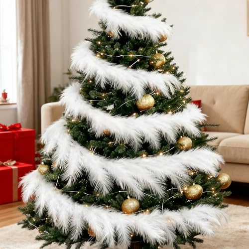2 Pcs 12 Ft Christmas Tree Garland Decoration White Pampas Grass Garland Artificial Faux Fabric Feathers Wreath for Mantle Xmas Tree Home Farmhouse Christmas Holiday Party Supplies - color: White, size: 12 Ft