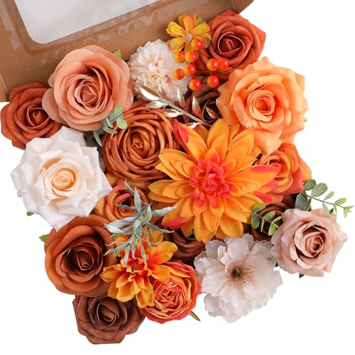 Floweroyal Artificial Flowers Fake Rose Flowers Dahlia with Stems for DIY Wedding Bridal Bouquets, Baby Shower, Floral Arrangement, Table Centerpieces, Home Decorations - color: Orange Fall Sundown