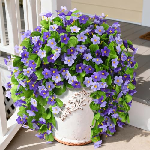 Artificial Fake Hanging Flowers for Outdoors, 2 Pcs Artificial Hanging Plants Outdoors Spring Summer Decor, UV Resistant Faux Violet Silk Flowers for Planters Front Door Yard Garden(Dark Orchid) - color: Dark Orchid