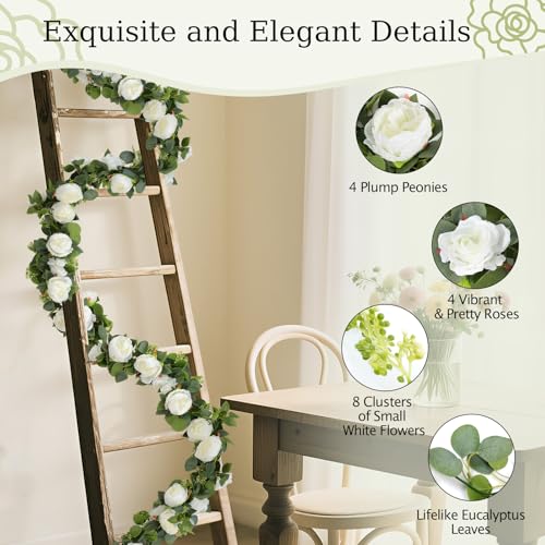 Lewondr Artificial Eucalyptus Garland with Flower - 4 Rose 4 Peony, 6FT Faux Floral Greenery Garlands Fake Flowers Vines, Maintenance-Free for Wedding Table Shelf Backdrop Party Room Decor, White - color: White, size: 1 Pack