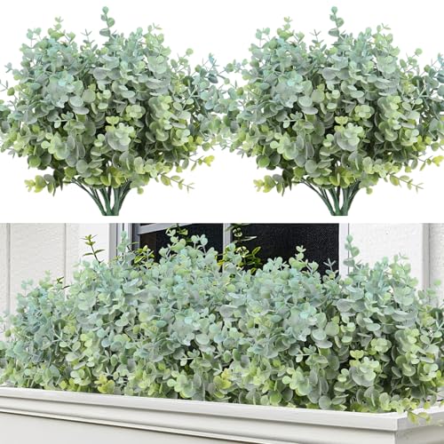 RECUTMS 8 Bundles Artificial Greenery Plants Stems Fake Eucalyptus Plants Boxwood Bushes for Spring Summer Farmhouse Office Vase Centerpiece Indoor Outdoor Graduation Wedding Party Decor(Dusty Blue) - color: Dusty Blue, size: 8 Pcs
