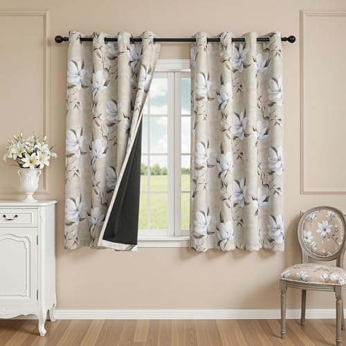 MYSKY HOME 95% Floral Blackout Curtains 63 Inch Length 2 Panels Set for Bedroom - Black Out Thermal Insulated Room Darkening Printed Flower Grommet Window Drapes Living Room, 52" W Each Panel, Khaki - color: Khaki, size: 52"W x 63"L (Pack of 2)