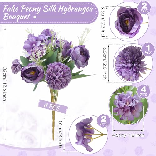 Lyrow 8 Pcs Peony Artificial Flowers Fake Silk Hydrangea Bouquet Elegant Peony Flowers for Wedding Decoration Faux Realistic Floral for Home Party Table Centerpieces Arrangement (Purple) - color: Purple