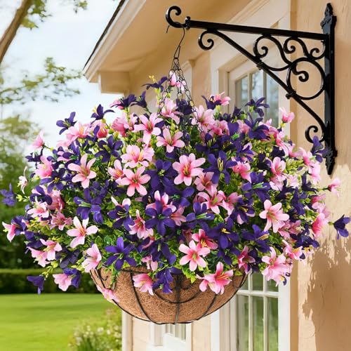 INQCMY Artificial Hanging Flowers for Outdoors, 5 Bundles UV Resistant Artificial Hanging Baskets,All Weather Fake Flowers for Patio, Porch, Yard, Window Box,Home for Spring Summer Decoration. - color: Pink Purple