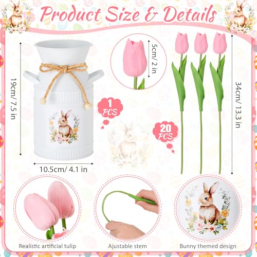 21 Pcs Artificial Tulip Centerpiece Decor with Vase Artificial Flower Bouquet Vintage Bunny Metal Flower Bucket Summer Tulip Floral for Party Spring Home Decor(Pink,Cute) - color: Pink, style: Cute