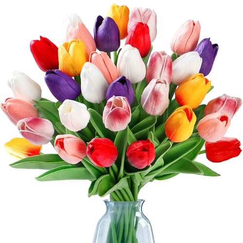 Sggvecsy 15 Pcs Fake Tulips Artificial Flowers Real Touch PU Faux Flowers Tulip Stems for Wedding Spring Bouquet Floral Arrangement Party Home Office Decorations for Mother's Day (Multi Colors) - color: Mixed 3, size: 15 Pcs