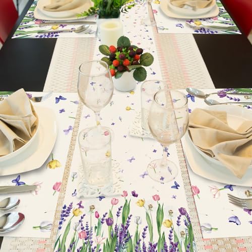 VitalCozy 7 Pcs Spring Table Runner and Placemats Tulip Table Runner Placemats Set 72 x 13 Inch Linen Farmhouse Rustic Floral Lavender Tulip Tablecloth for Spring Summer Party Decoration - style: Lavender, Tulip