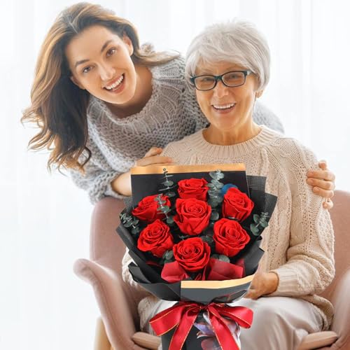 Preserved Flowers Bouquet 7 Roses, Forever Flower for Delivery Birthday Anniversary Wedding, Eternal Real Roses Bouquets with Gifts Box for Women Wife Mother Day, Red - color: Red