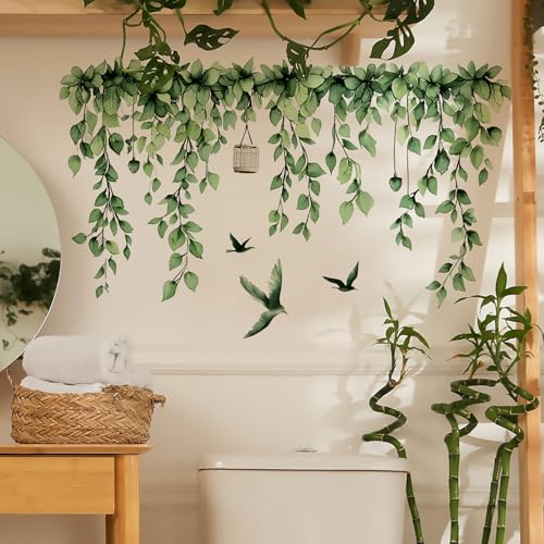 2 Sheets Green Plants Leaves Wall Decals Removable Green Hanging Vines with Birds Wall Stickers Peel and Stick Vinyl Leaf Wall Decor for Bedroom Living Room Bathroom Classroom Decorations - style: Green Plants Leaves 2
