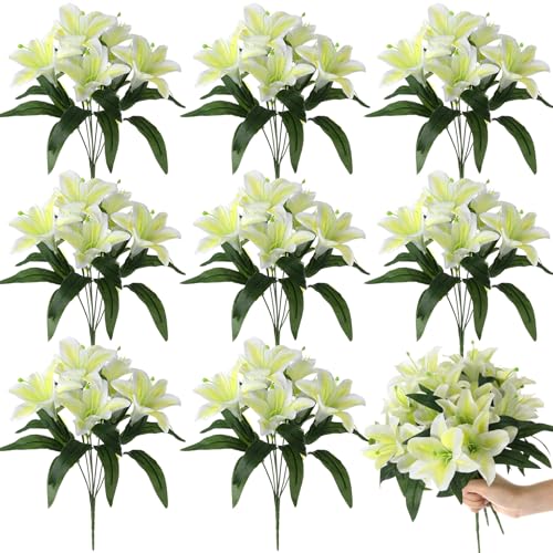 Giegxin 8 Pcs Artificial Tiger Lily Bouquets, Silk Faux Easter Lilies with 7 Heads, Realistic Spring Flowers for Wedding Centerpieces, Home Vase Decor, Party & Event Arrangements (Yellow) - color: Yellow