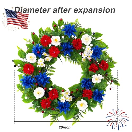 20 Inch Patriotic Wreath for Front Door, Red White Blue Flowers Wreaths with Silk Hydrangea, Daisy & Berry, USA 250th Anniversary Handmade Memorial Decorations, Americana for Porch Wall Window