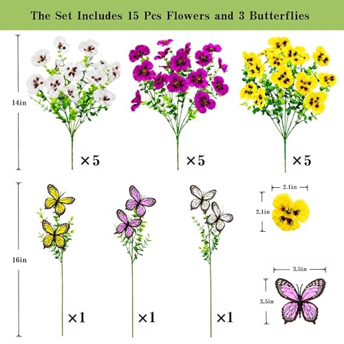 Geegoods 18 Stems Artificial Pansies Flowers for Outdoor with 3 Pcs Butterflies, UV Resistant Faux Flowers for Hanging Baskets Window Box Porch Garden Summer Decor - color: Purple White Yellow, size: 18PCS with Butterfly
