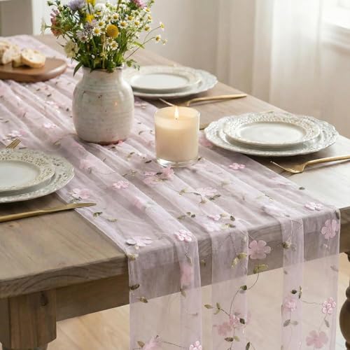 Artoid Mode 3D Flower Pink Gauze Embroidery Table Runner 120 Inch 10FT, Tulle Seasonal Spring Kitchen Dining Holiday Table Decor for Home Party - color: Pink