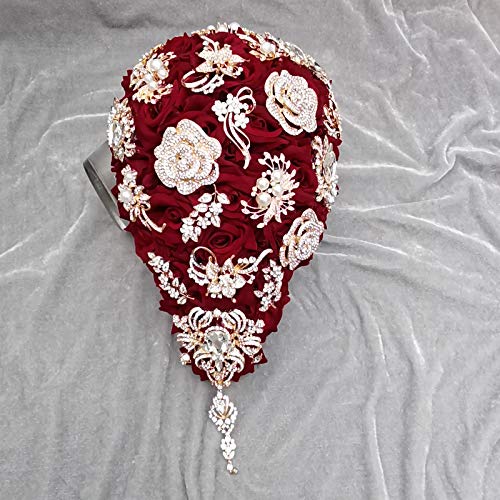 YIFUwedding Bride Water Drop Wine red Bouquet Navy Blue Wedding Luxury Jewelry Proposal Bridesmaid Groom Corsage Wrist Flower Decoration (Burgundy Bouquet) - color: Burgundy Jewelry Drop Bouquet