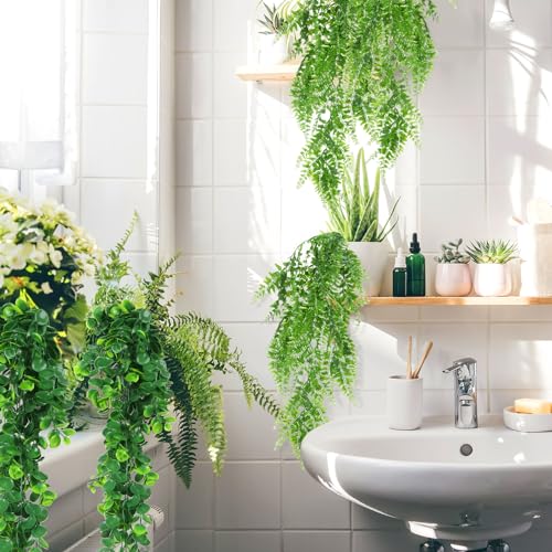 Hoteam 12 Pcs Artificial Hanging Plants 32 Inch Fake Ivy Vines with Fake Leaves Patio Artificial Plants Greenery for Living Room Indoor Outdoor Wall, No Basket (Eucalyptus,Persian Grass) - color: Eucalyptus,persian Grass