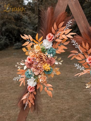 Lisuun Wedding Arch Flowers, Artificial Flowers for Decoration, Large Flower Swag for Boho Styles Wedding Ceremony Floral Decor - Pack of 2 - color: Orange&pampas Dark Coffee